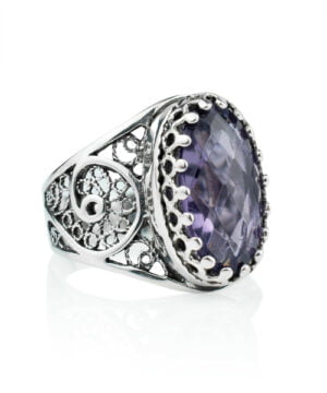 Silver Cocktail Ring Filigree Oval Amethyst Gemstone