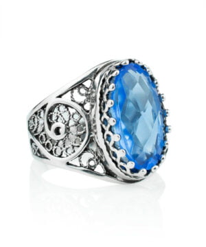 Silver Cocktail Ring Filigree Oval Blue Quartz Gemstone