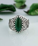 Silver Cocktail Ring Filigree Oval Malachite Gemstone1