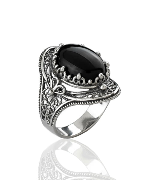 Silver Statement Ring Filigree Black Onyx Gemstone For Women