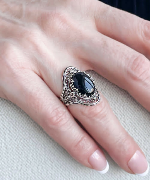 Silver Statement Ring Filigree Black Onyx Gemstone For Women1