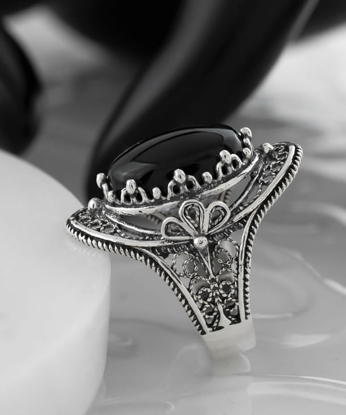 Silver Statement Ring Filigree Black Onyx Gemstone For Women3