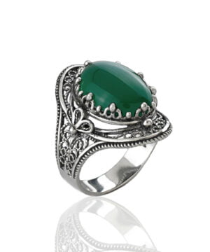 Silver Statement Ring Filigree Green Agate Gemstone For Women