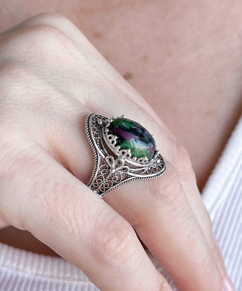 Silver Statement Ring Filigree Ruby Zoisite Gemstone For Women1