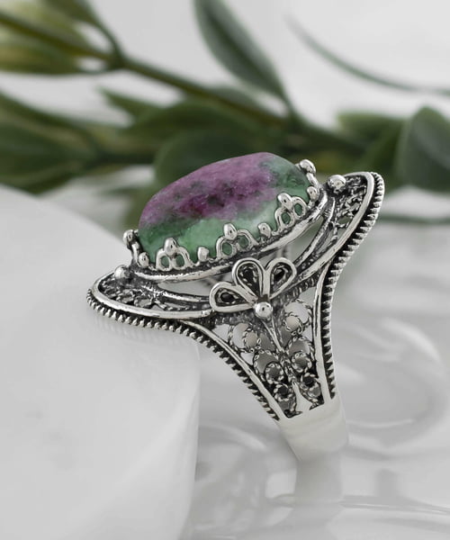Silver Statement Ring Filigree Ruby Zoisite Gemstone For Women3