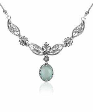 Silver Princess Necklace Aqua Chalcedony Gemstone Filigree Design