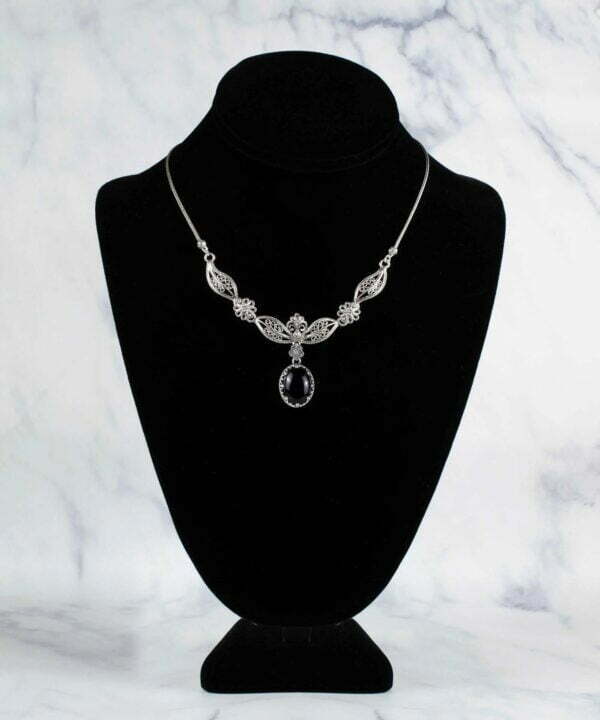 Silver Princess Necklace Black Onyx Gemstone Filigree Design1
