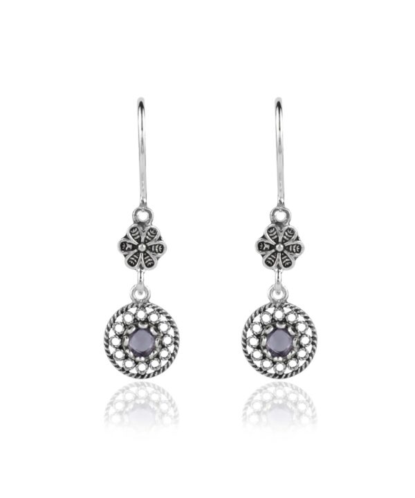 Filigree Art Sun Shaped Gemstone Women Silver Dangle Earrings 3