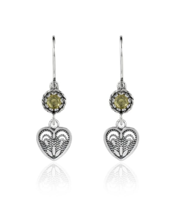 Sterling Silver Dangle Earrings Filigree Art Heart Shaped Gemstone