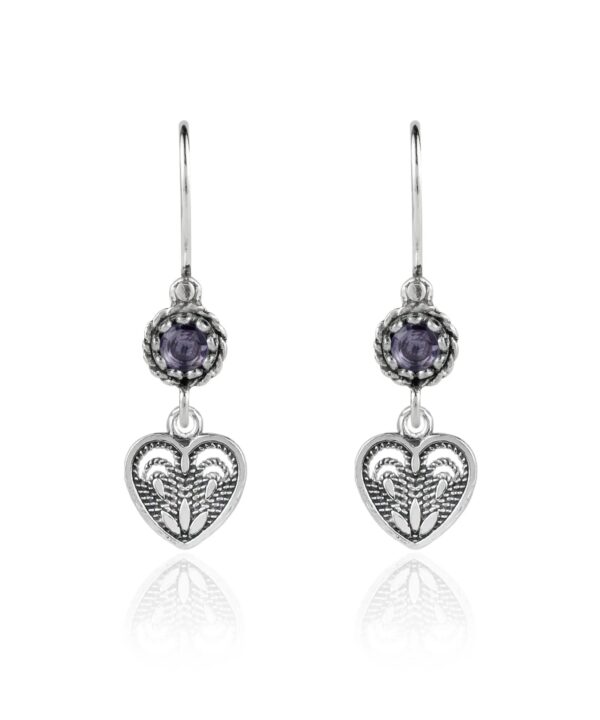 Sterling Silver Dangle Earrings Filigree Art Heart Shaped Gemstone3