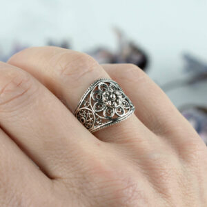 Silver Women Cocktail Ring Filigree Art Lace Embroidery 1