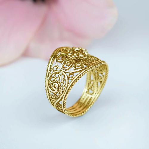 Gold Plated Silver Cocktail Ring Filigree Art Lace Embroidery 3