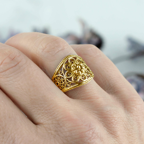 Gold Plated Silver Cocktail Ring Filigree Art Lace Embroidery 1