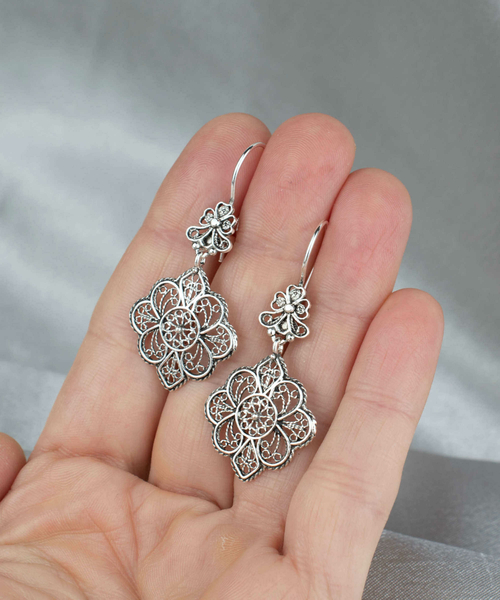 Filigree Art Flower Design Sterling Silver Women Dangle Drop Earrings 1