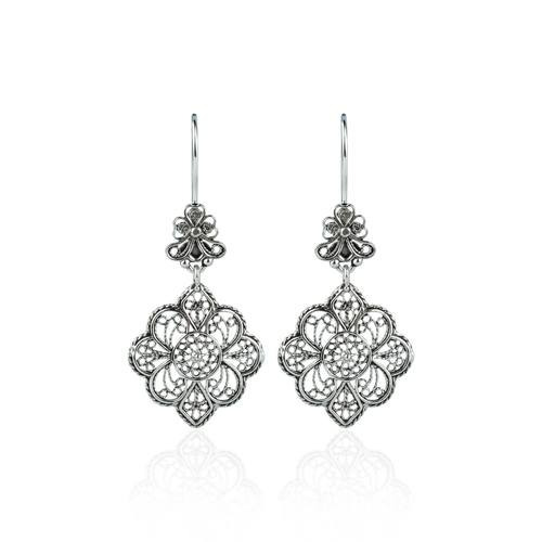 Filigree Art Flower Design Sterling Silver Women Dangle Drop Earrings