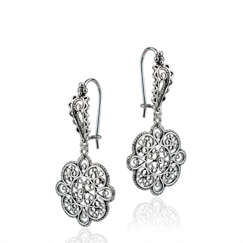 Sterling Silver Filigree Art Sun Figured Women Dangle Drop Earrings 1