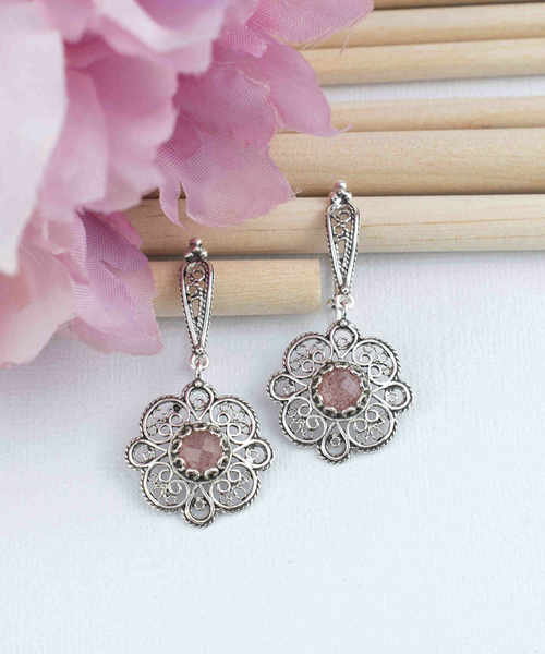 Sterling Silver Filigree Art Cherry Quartz Gemstone Women Dangle Drop 1
