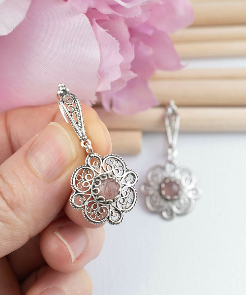 Sterling Silver Filigree Art Cherry Quartz Gemstone Women Dangle Drop 2