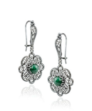 Sterling Silver Filigree Art Malachite Gemstone Women Dangle Drop