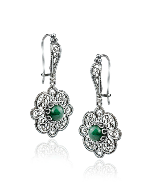Sterling Silver Filigree Art Malachite Gemstone Women Dangle Drop