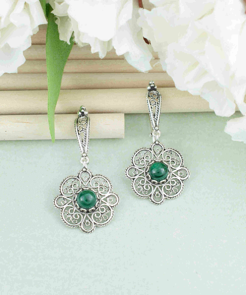 Sterling Silver Filigree Art Malachite Gemstone Women Dangle Drop 1