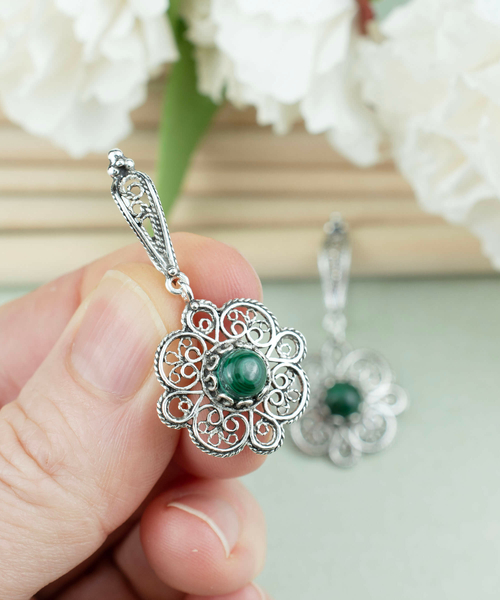 Sterling Silver Filigree Art Malachite Gemstone Women Dangle Drop 3