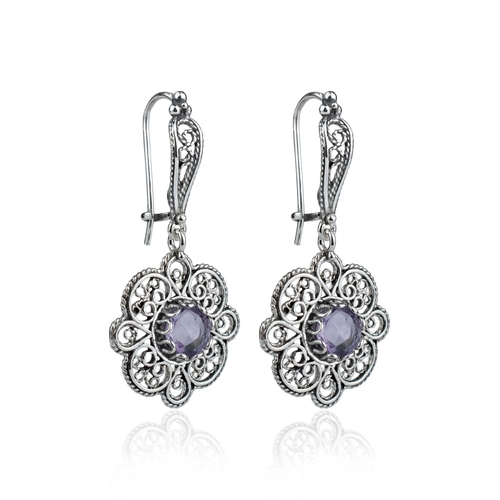 Sterling Silver Filigree Art Amethyst Gemstone Women Dangle Drop