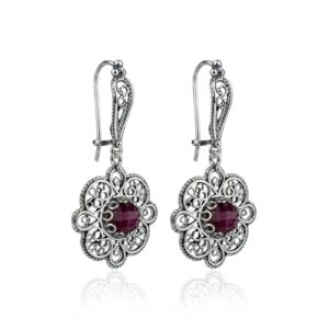 Sterling Silver Filigree Art Ruby Corundum Gemstone Women Dangle Drop