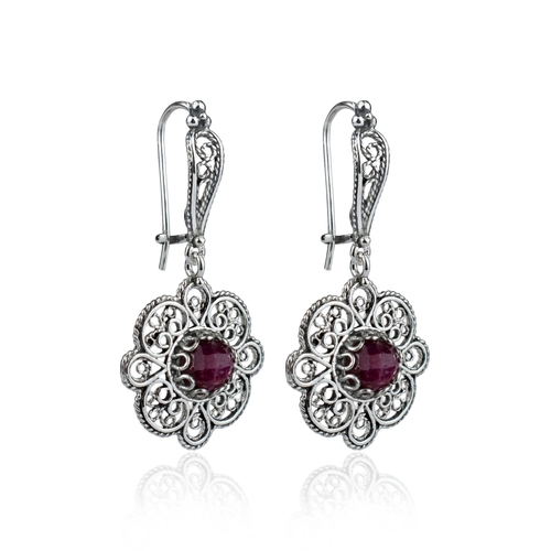 Sterling Silver Filigree Art Ruby Corundum Gemstone Women Dangle Drop