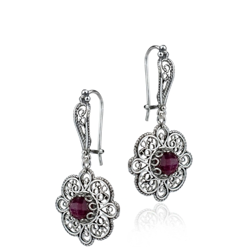 Sterling Silver Filigree Art Ruby Corundum Gemstone Women Dangle Drop 1