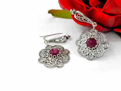 Sterling Silver Filigree Art Ruby Corundum Gemstone Women Dangle Drop 2