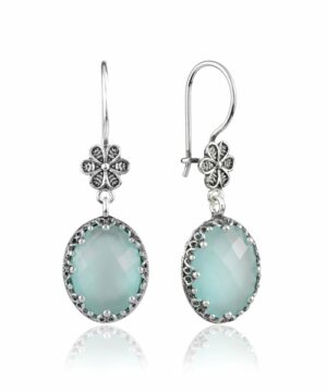 Filigree Art Aqua Chalcedony Gemstone Women Silver Oval Dangle