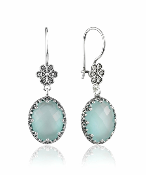 Filigree Art Aqua Chalcedony Gemstone Women Silver Oval Dangle