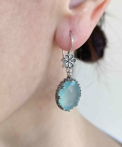 Filigree Art Aqua Chalcedony Gemstone Women Silver Oval Dangle 1