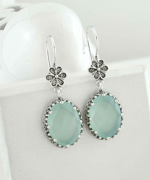 Filigree Art Aqua Chalcedony Gemstone Women Silver Oval Dangle 2