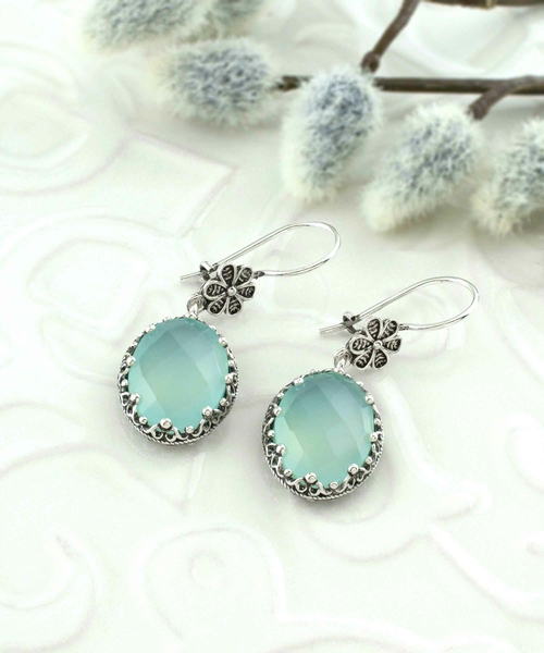 Filigree Art Aqua Chalcedony Gemstone Women Silver Oval Dangle 3
