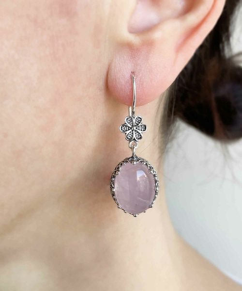 Filigree Art Rose Quartz Gemstone Women Silver Oval Dangle Earrings 1