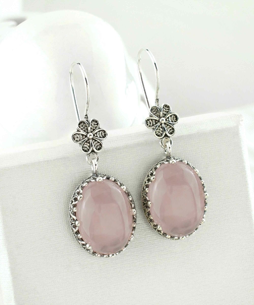 Filigree Art Rose Quartz Gemstone Women Silver Oval Dangle Earrings 2