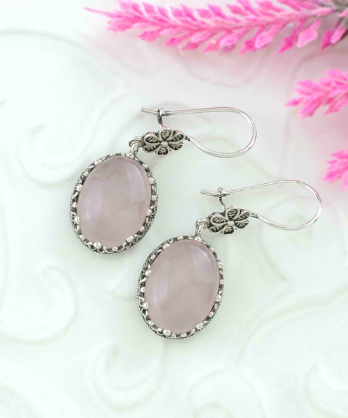Filigree Art Rose Quartz Gemstone Women Silver Oval Dangle Earrings 3