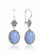 Filigree Art Blue Lace Agate Gemstone Women Silver Oval Dangle