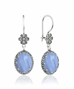 Filigree Art Blue Lace Agate Gemstone Women Silver Oval Dangle