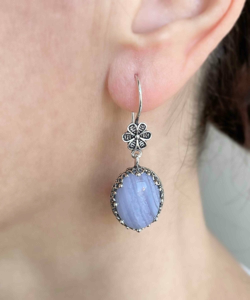 Filigree Art Blue Lace Agate Gemstone Women Silver Oval Dangle 1
