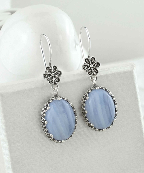 Filigree Art Blue Lace Agate Gemstone Women Silver Oval Dangle 2