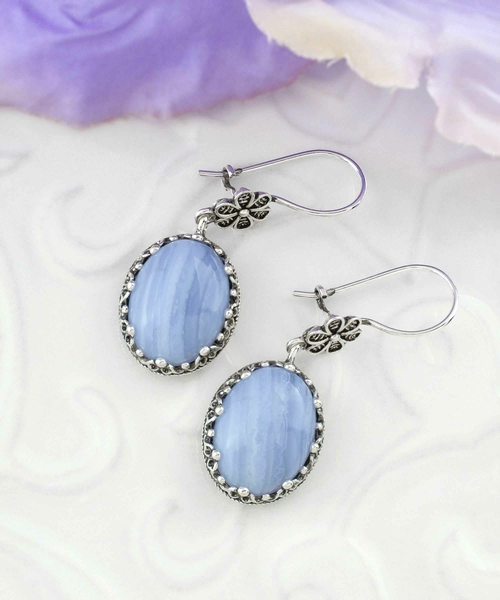Filigree Art Blue Lace Agate Gemstone Women Silver Oval Dangle 3