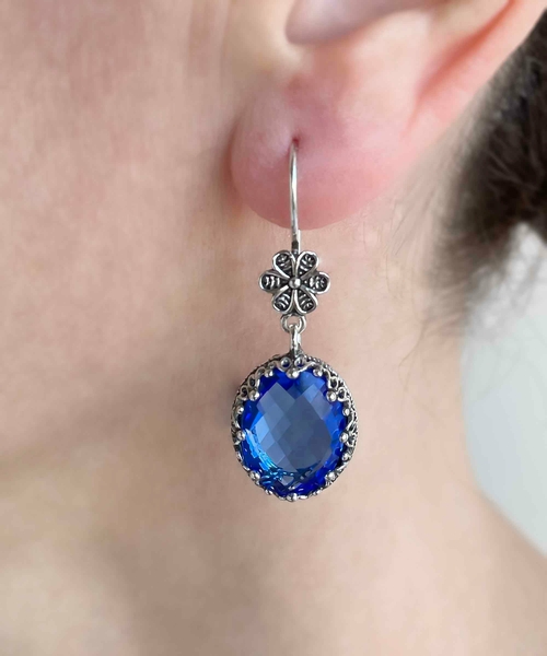 Filigree Art Blue Quartz Gemstone Women Silver Oval Dangle Earrings 1