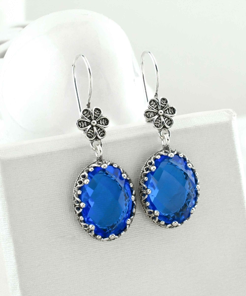Filigree Art Blue Quartz Gemstone Women Silver Oval Dangle Earrings 2