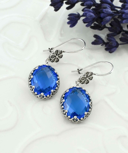 Filigree Art Blue Quartz Gemstone Women Silver Oval Dangle Earrings 3