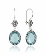 Filigree Art Blue Topaz Gemstone Women Silver Oval Dangle Earrings