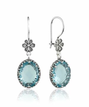 Filigree Art Blue Topaz Gemstone Women Silver Oval Dangle Earrings
