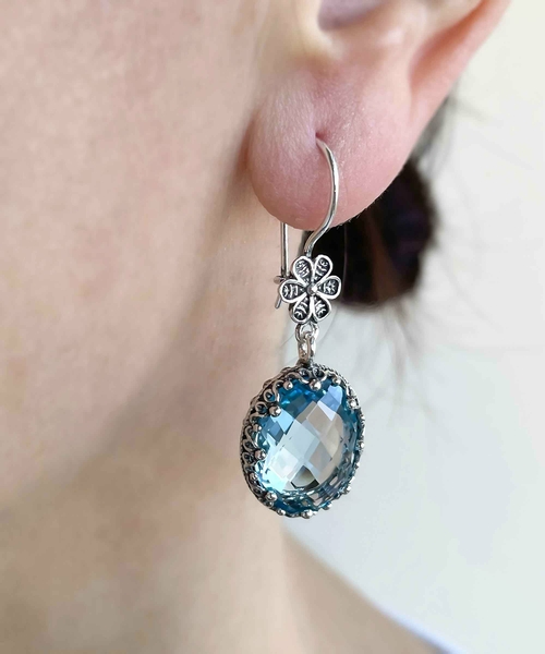 Filigree Art Blue Topaz Gemstone Women Silver Oval Dangle Earrings 1